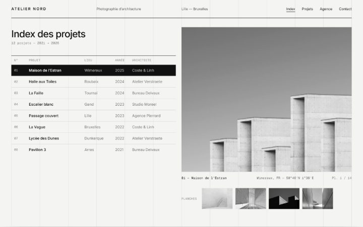 Exemple de site de photographe d’architecture : fond clair, tableau « Index des projets » avec lieu, année et architecte, grande photo en noir et blanc et planches miniatures.