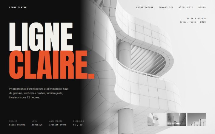 Exemple de site de photographe d’architecture et d’immobilier : fond noir, titre géant « Ligne claire » en blanc et orange, façade courbe en noir et blanc, fiche technique du projet.