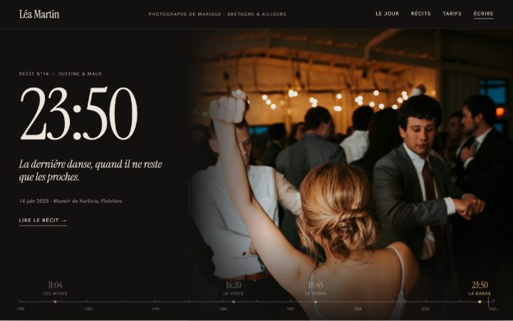 Exemple de site de photographe de mariage : fond nuit, grand horodatage 23:50, phrase en italique et frise horaire de la journée sous une photo de la dernière danse.