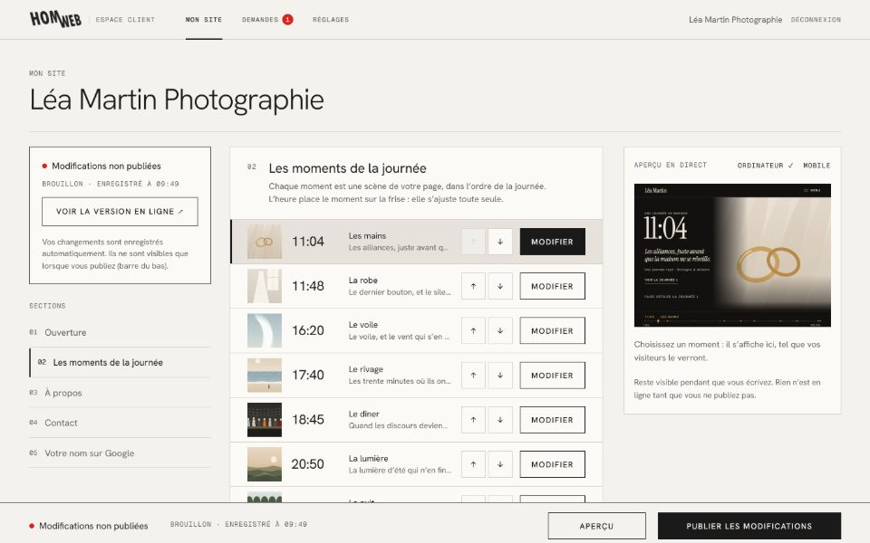 Tableau de bord HOMWEB : la liste des contenus d’un site de photographe, chacun avec un bouton Modifier, et l’aperçu en direct à droite.